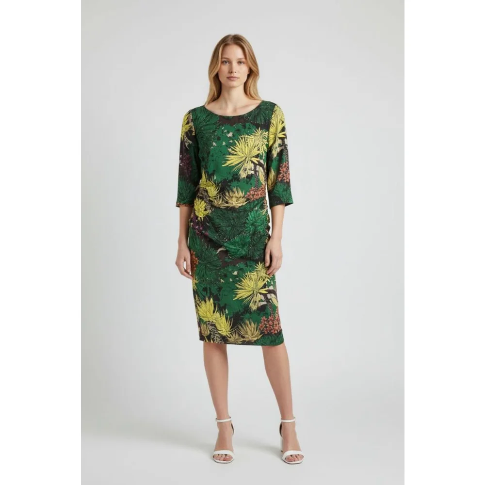 TRACY REESE Anthropologie Green Yellow Floral Silk Ruched Sheath Dress Size 4